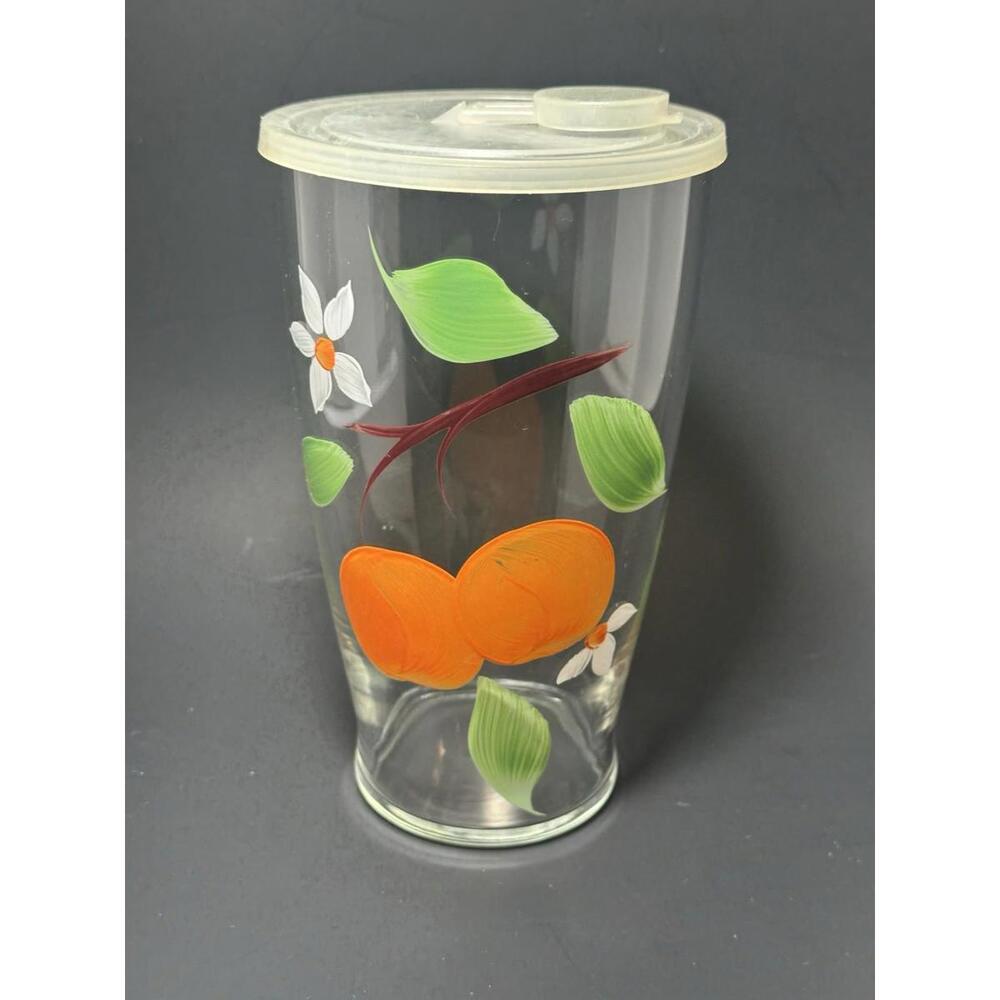Vintage Hand Painted Glass Orange Blossom Juice Glass Jar Lid Pour Spout